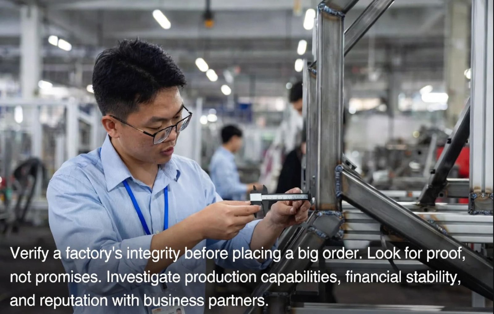 An inspector checking the quality of a gaming chair frame