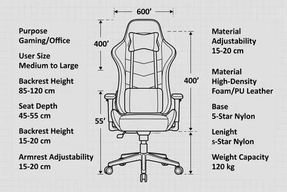 Detailed specifications of a gaming chair on a blueprint