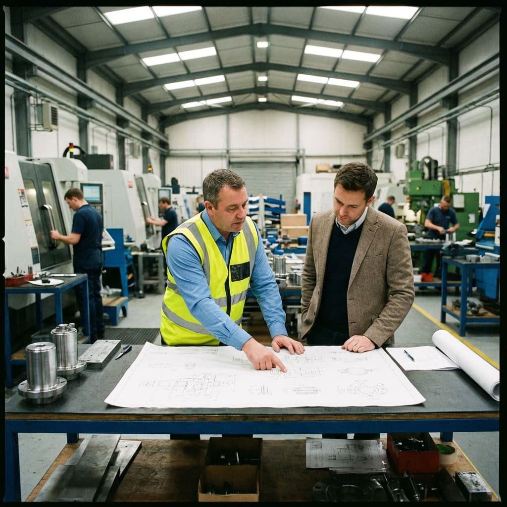 A factory manager discussing blueprints with a client