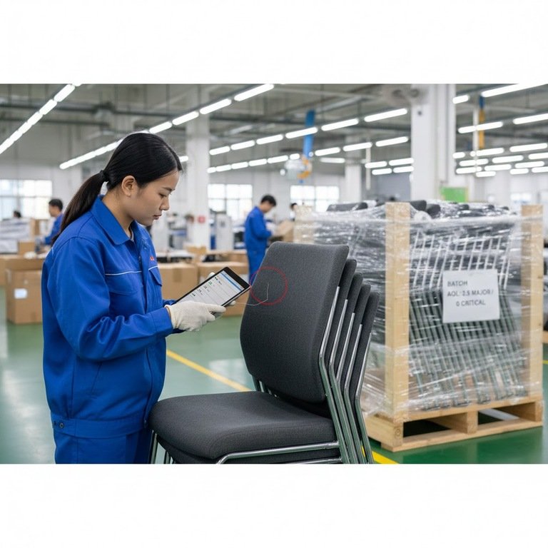 A person inspecting a gaming chair as part of the AQL process
