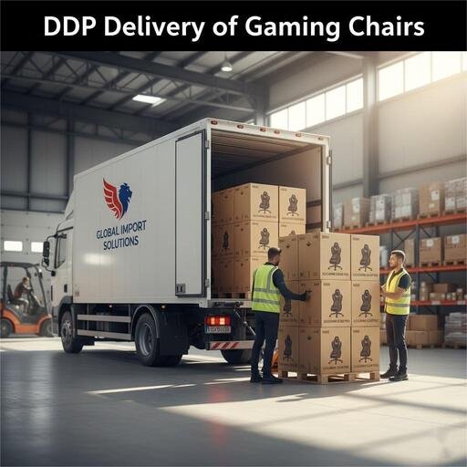 A delivery truck with the supplier's logo arriving at a warehouse, with boxes of gaming chairs being unloaded.