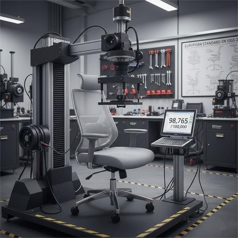 A close-up of a gaming chair part undergoing a safety test for EN 1335 certification