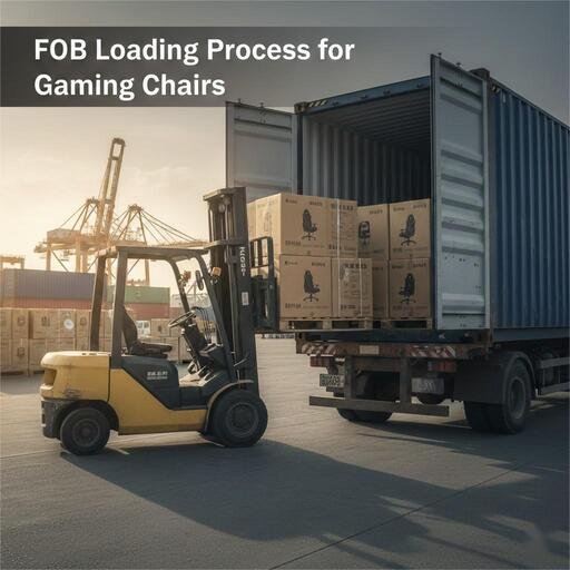 A forklift loading pallets of boxed gaming chairs onto a shipping container at a factory.