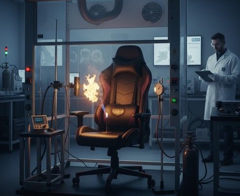 A gaming chair undergoing a fire safety test in a lab