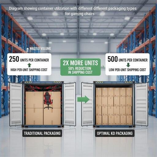 What is the optimal KD packaging design for gaming chair to maximize container utilization?
