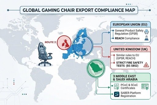 What are the key compliance standards for exporting gaming chairs to the EU, UK, and Middle East?